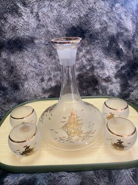 Vintage 1970s Bohemian crystal nautical liqueur/whiskey decanter set